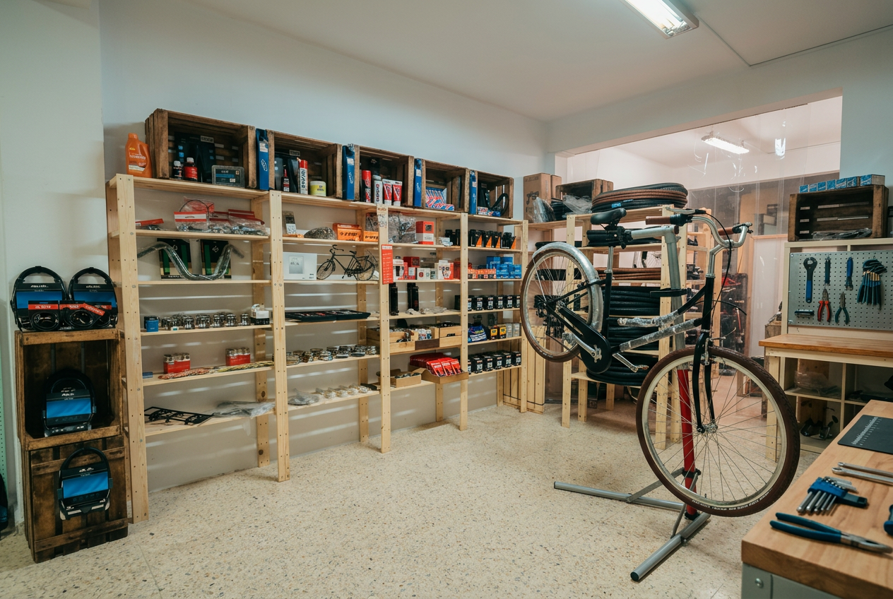 Vista del taller Movent Bicis con herramientas y bicicletas
