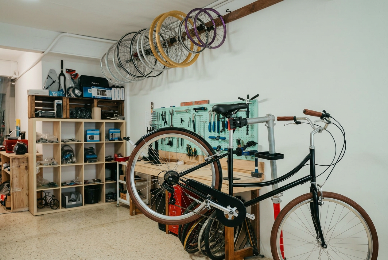 Bicicletas colgadas en el taller